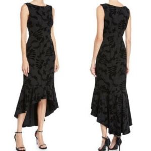 Aidan Mattox Midi Burnout Dress Size 2 Black Floral High-Low Fishtail Fary Goth